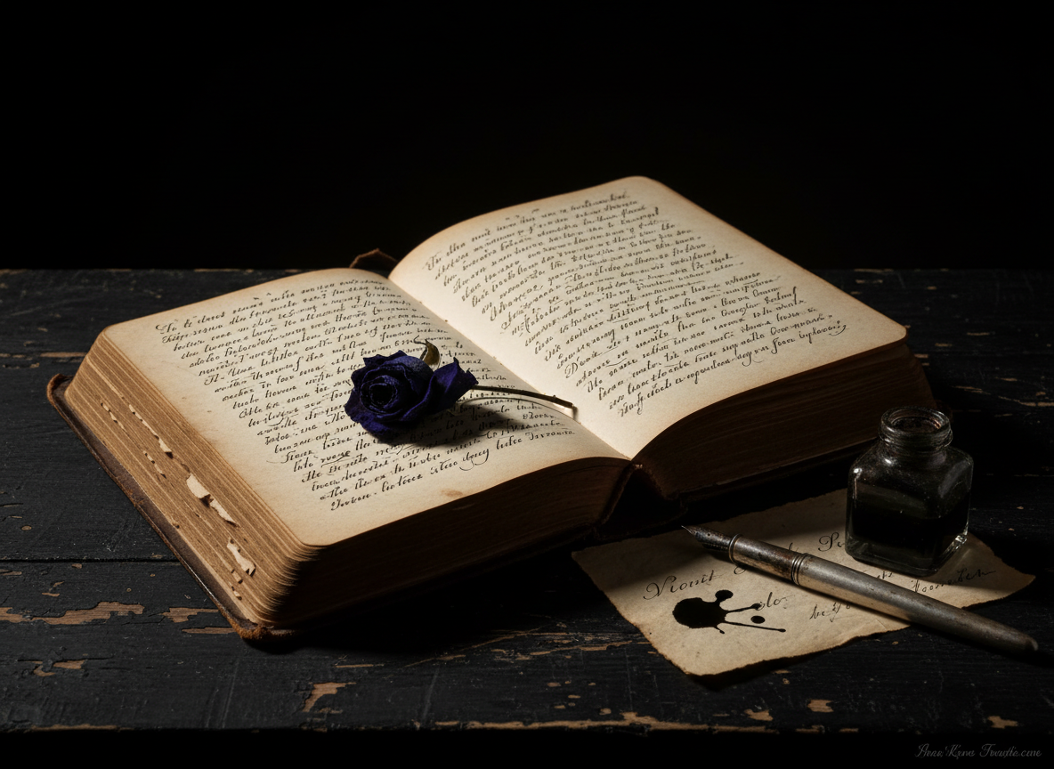 A worn, leather-bound poetry journal lies open on a chipped black wooden table, its yellowed pages filled with dense, ink-smudged handwriting and a single pressed midnight-blue rose flattened between verses. A cracked glass inkwell and a tarnished silver fountain pen rest nearby, dark ink pooled on a frayed parchment scrap. The scene is lit by a single flickering candle just out of frame, casting dramatic side lighting that carves deep shadows and highlights the textures of leather, paper, and wood. Photographic realism, shot at eye level with a shallow depth of field, the background dissolving into a soft, velvety darkness. The mood is intimate, brooding, and contemplative, echoing poetry that both soothes and unsettles.
