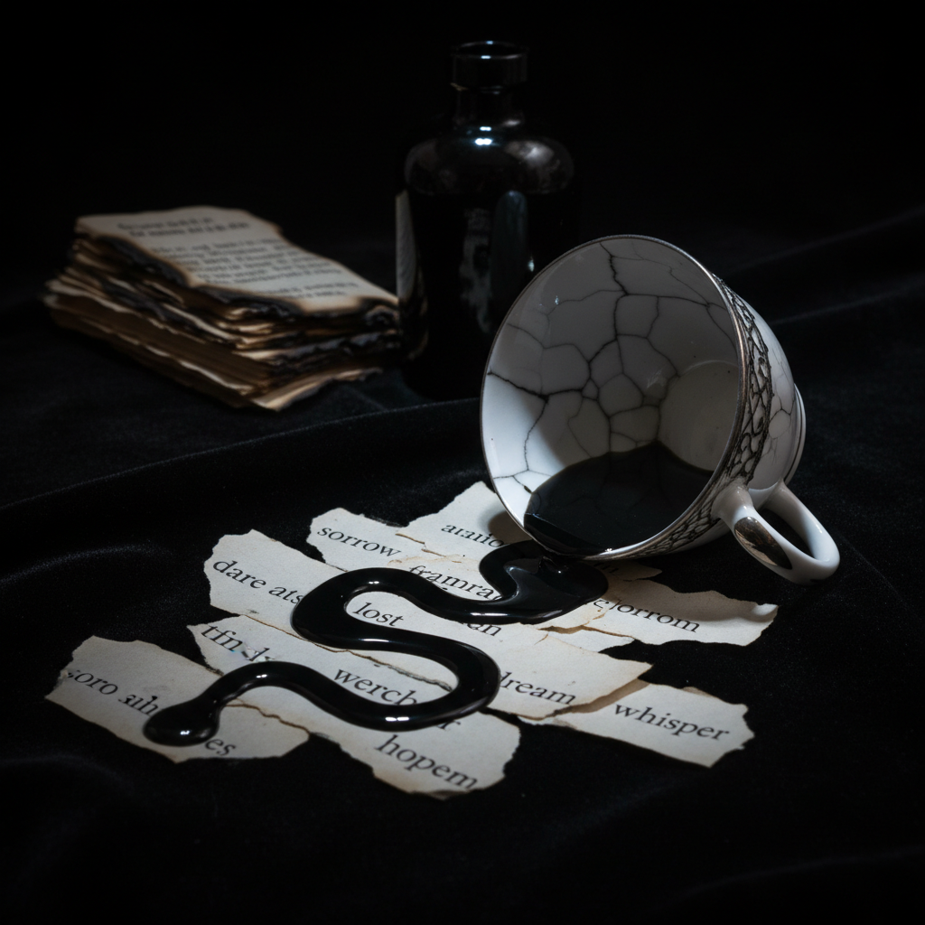 A cracked porcelain teacup, its rim lined with delicate silver filigree, lies overturned on a black velvet cloth, spilling dark, ink-thick liquid that snakes across scattered poem fragments torn from a book. The liquid glistens under a narrow beam of cool spotlight, pooling around certain words while leaving others dry, like selectively stained memories. In the blurred background, a stack of burned, half-charred pages leans against an obsidian glass bottle. Photographic realism with dramatic, high-contrast lighting and deep, inky shadows consuming the edges of the frame. Shot from a slightly elevated, close-up perspective with shallow depth of field, the composition feels claustrophobic yet elegant, evoking the way poetry both comforts and corrodes.