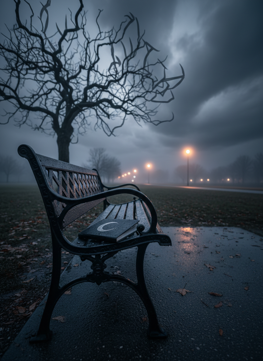A lone, black metal park bench glistens with recent rain, positioned under a skeletal, leafless tree whose twisted branches form jagged calligraphy against a storm-dark sky. On the bench lies a single, water-warped notebook, its cover nearly black but faintly embossed with a silver crescent moon, pages slightly open as if abandoned mid-poem. Streetlights in the distance cast a weak, sodium-orange glow, diffused by mist to create soft halos, while the foreground is lit by cool, bluish twilight. Photographic realism, captured from a slightly elevated, wide-angle perspective, with the bench on the rule-of-thirds line and the background softly out of focus. The mood is lonely yet strangely comforting, reflecting poetry that meets you in your darkest walks home.