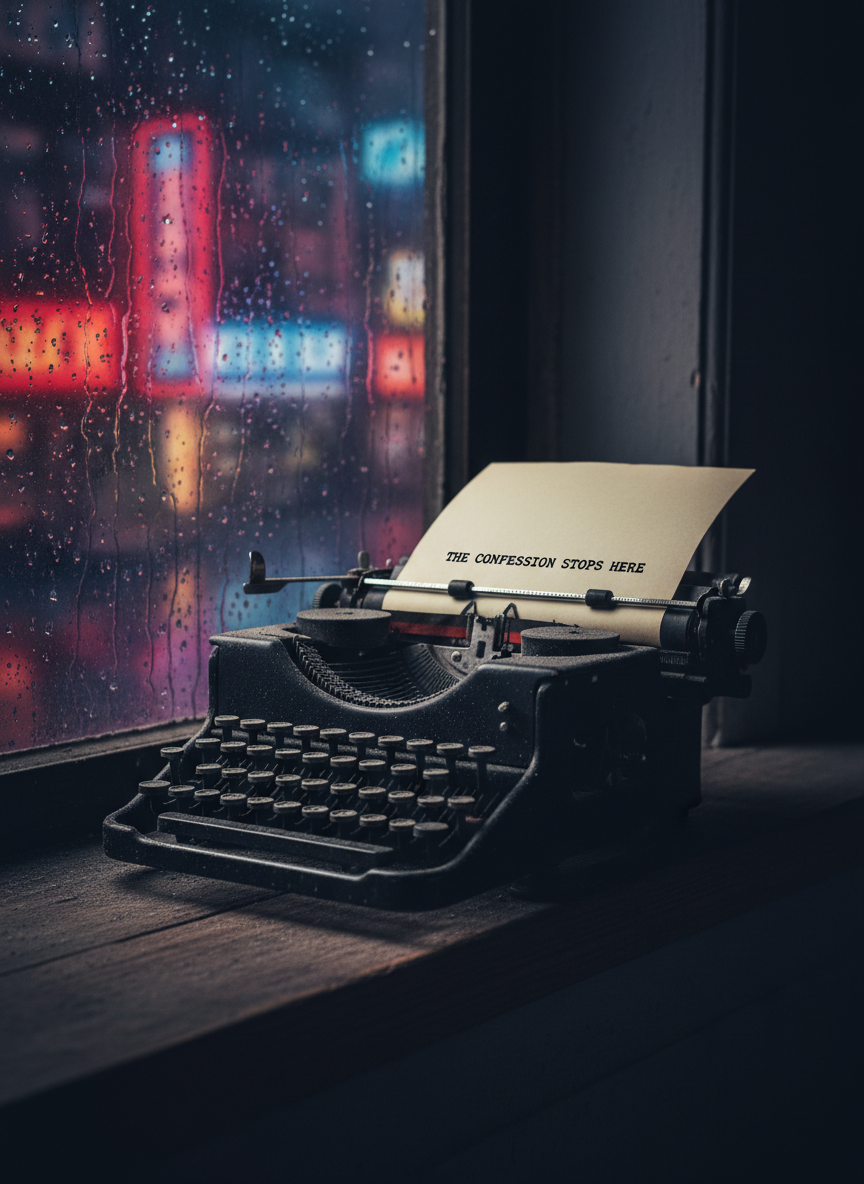 A solitary, antique typewriter in matte black metal sits at the edge of a narrow windowsill, keys dusted with fine ash as if abandoned mid-confession. A half-rolled sheet of paper clamped in the carriage bears a single line of sharply typed words, the rest ominously blank. Outside the rain-streaked window, a blurred city of neon lights bleeds crimson and violet into the glass. Moody midnight-blue ambient light from the window meets a cold, overhead tungsten glow, creating harsh, cinematic shadows across the keys. Photographic realism, shot from a slightly low, three-quarter angle, emphasizing the typewriter’s weight and presence. The atmosphere is tense, melancholic, and electric, as if the next line could heal or destroy.