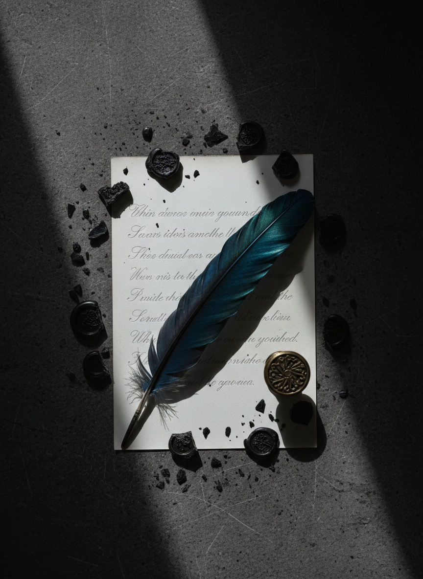 A midnight-blue feather quill with iridescent dark green sheen rests diagonally across a sheet of thick, off-white paper embossed with faint, ghostlike verses only visible where the light catches. Around it, scattered fragments of broken black wax seals and a heavy, gothic-style metal stamp form a loose circle, like relics of letters never sent. The scene is set on a rough, charcoal-gray stone surface, faint scratches visible beneath. A single shaft of cold moonlight from an unseen window cuts across the composition, leaving half submerged in velvety shadow. Photographic realism, captured from directly above with a balanced, minimalist composition. The mood is solemn and mystical, hinting at secrets and emotions pressed deep beneath the surface of each unwritten poem.