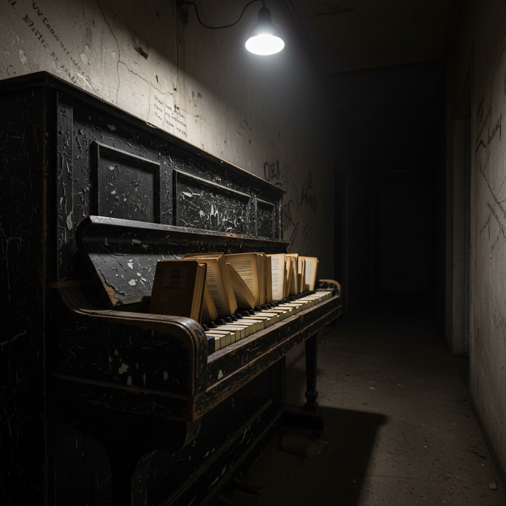 An old, upright piano with chipped black lacquer and a few missing ivory keys stands alone in a narrow, dim corridor of cracked concrete walls covered in faint, illegible graffiti that resembles fragmented verses. Several keys are pressed down by thin, leather-bound poetry books, their spines creased and pages fanned open, as if the poems themselves are forcing a dissonant chord. A single bare bulb hangs overhead, casting harsh, downward light that carves stark shadows between the keys and books, leaving the corridor’s end swallowed in darkness. Photographic realism, shot from a low, side angle along the piano’s length, drawing the eye into the vanishing black. The mood is haunting and cinematic, capturing poetry as both music and echo in an unforgiving space.