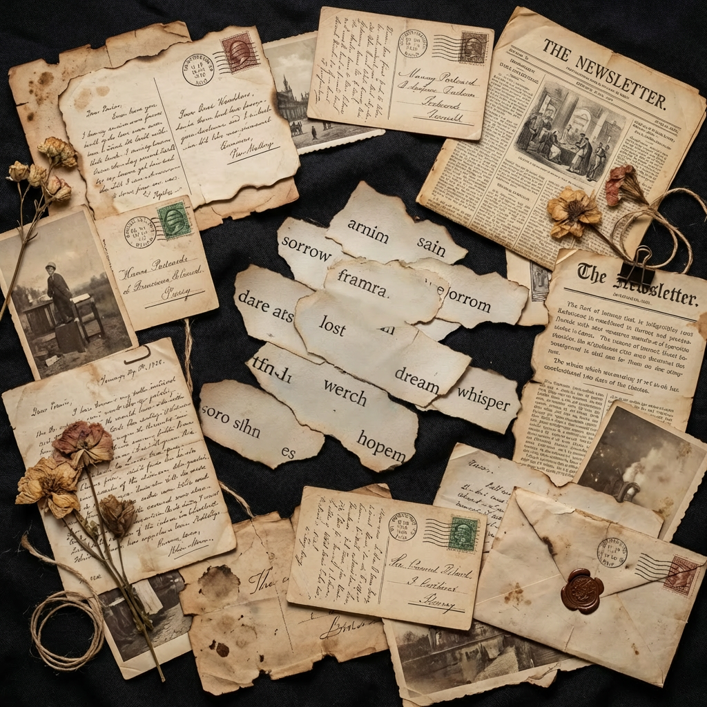 Artistic exploration of nostalgic correspondence Vintage papers and scraps with words like 'sorrow' surround a black, glossy abstract shape.